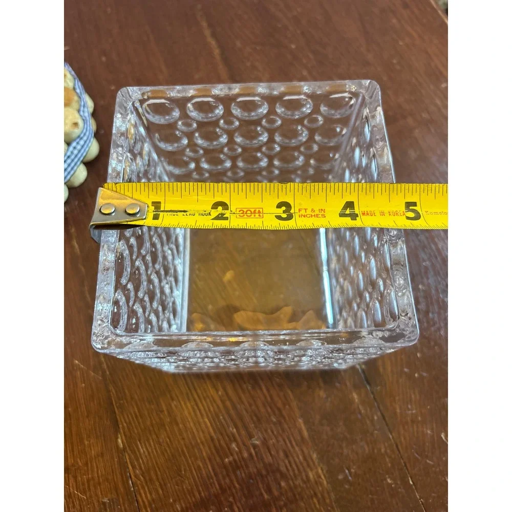 Clear Glass Square Bubble Cube Vase Textured Hobnail Candle Holder 4.75 Inch